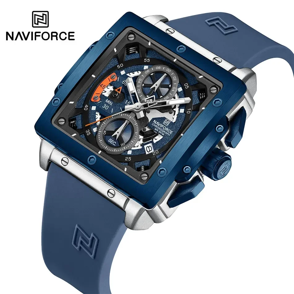 NAVIFORCE Top Luxury Quartz Men\'s Watch Square Silicone Strap Multifunctional Timing Code Classic Luminous Waterproof Watches