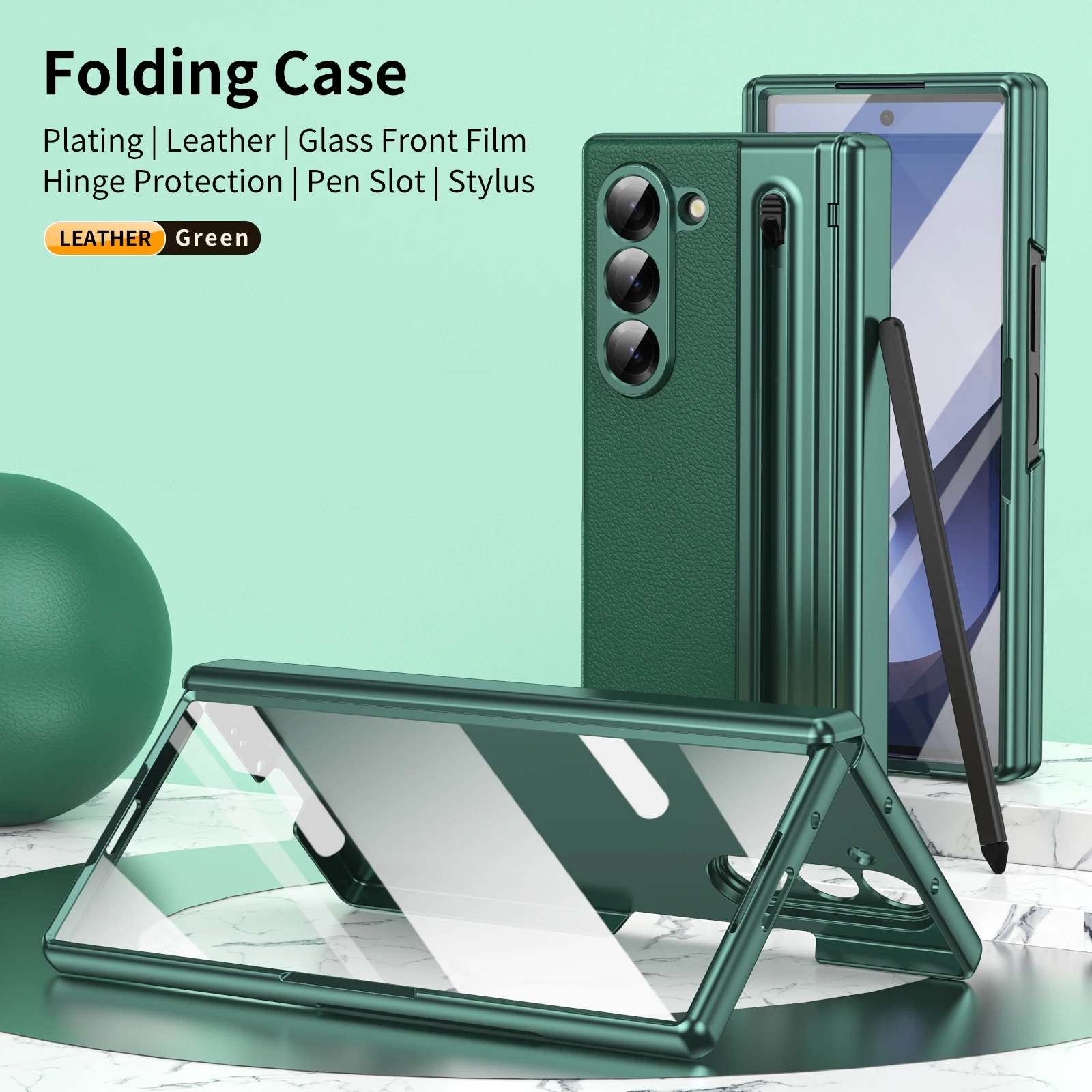 VIETAO voor Samsung Galaxy Z Fold 7 lederen telefoonhoes met scharnierbescherming, Z Fold 6 hoesje met voorschermfilmbeschermer + pen