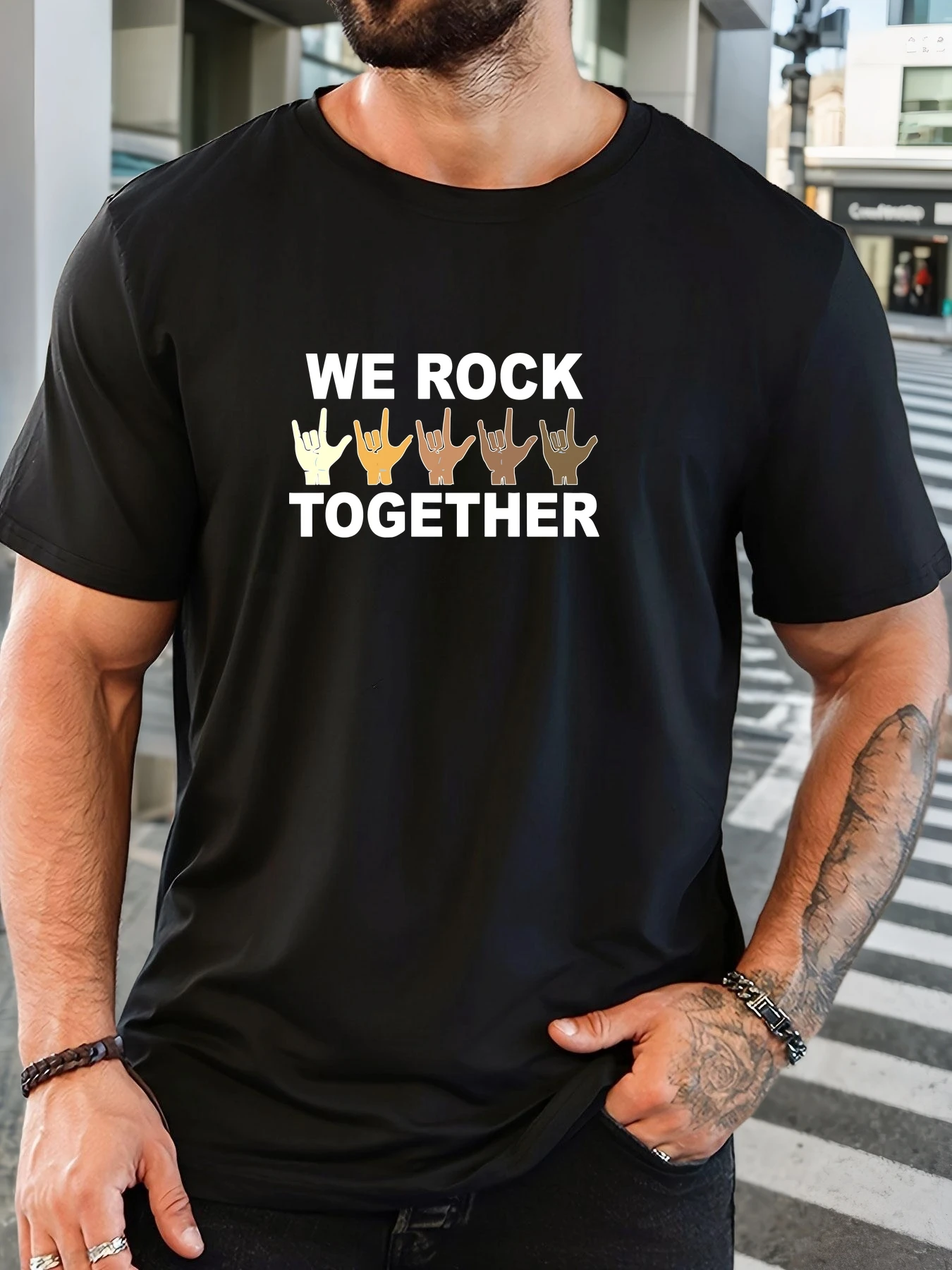 Men Burgundy Crew Neck Tee We Rock Together Multicolor Skin Tone Rock Hand Sign Equality Music Soft Cotton Male Casual Tops