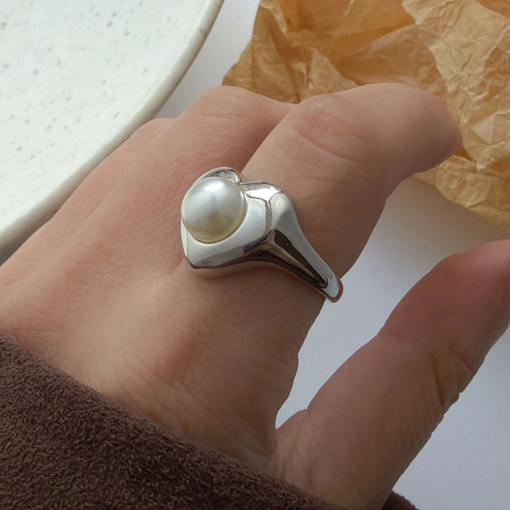 خواتم من الفضة الإسترليني عيار 925 للنساء والأزواج، خاتم لؤلؤ على شكل قلب بسيط مصنوع يدويًا، هدية مجوهرات راقية تمنع الحساسية