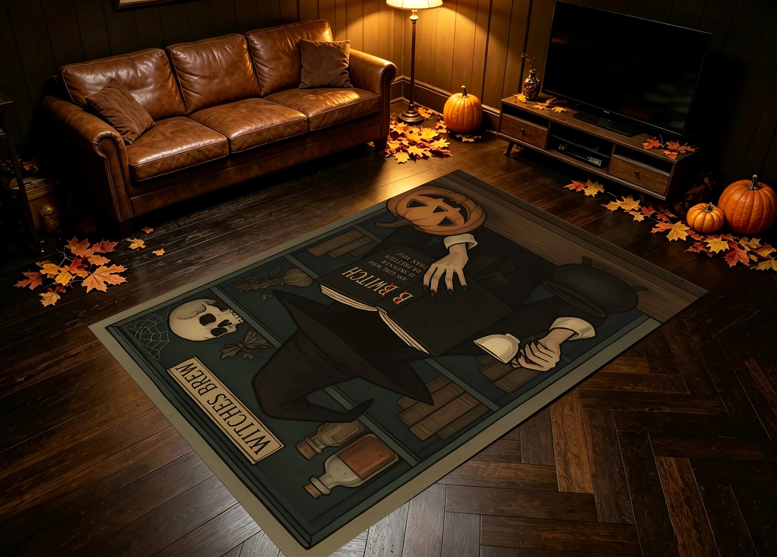 Velvet Rug Witch Theme Pumpkin Skull Witches Brew Slogan American Dark for Entryway Party Decor