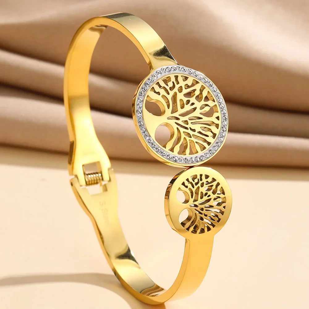 Luxury Tree Of Life Open Cuff Bangles Stainless Steel Gold Plated Spring Buckle Bracelet Non-Fading Jewelry Wrist Accessories