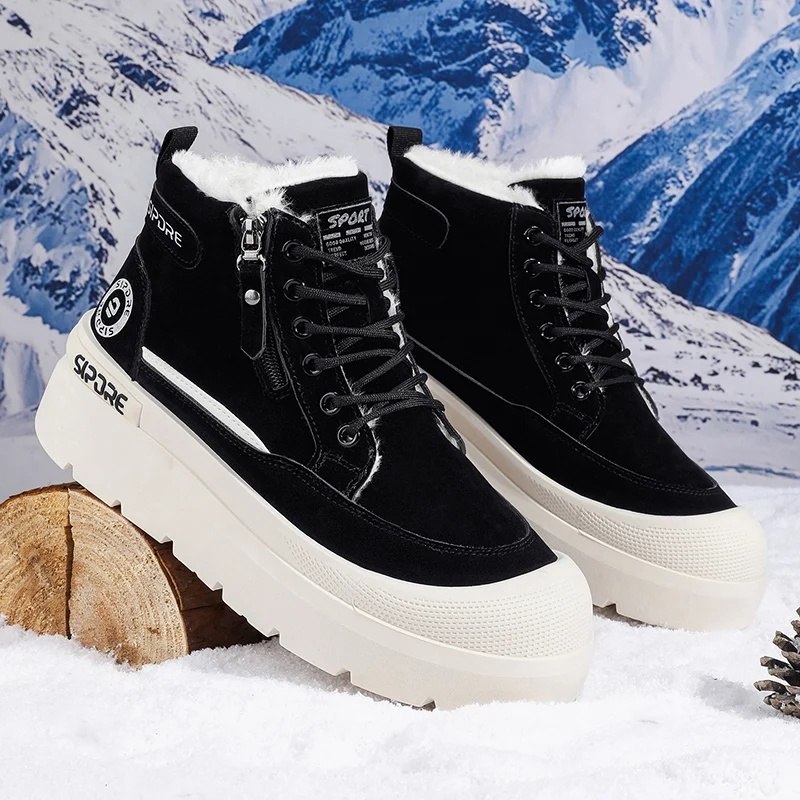 

2025 Winter New Men's Shoes High-Top Thick-Soled Fleece-Lined Warm Cotton Shoes Fashionable Snow Boots Outdoor Cold-Proof Shoes