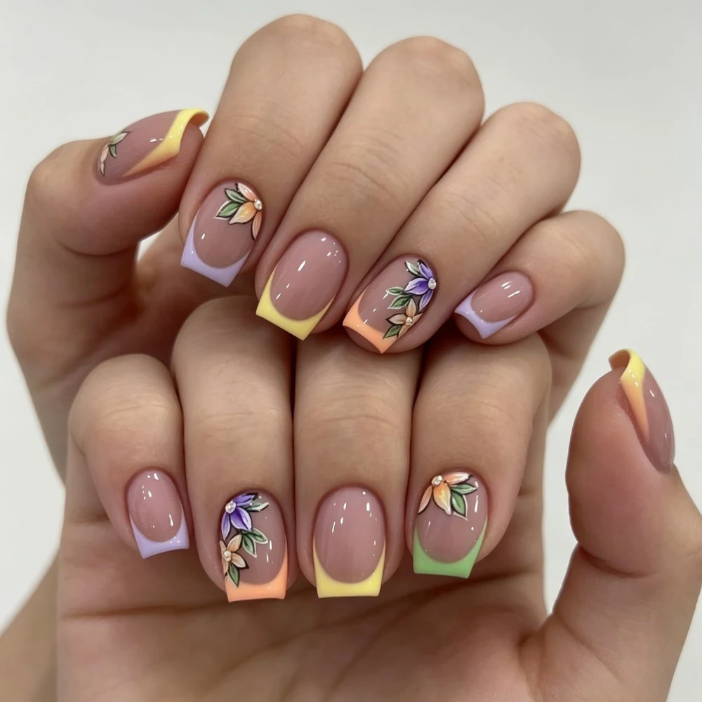 24Pcs Pink Floral French Tip Glossy&Elegant Full Cover Fake Nails for Women&Girls Spring,Daily Wear Short Almond Press-On Nails