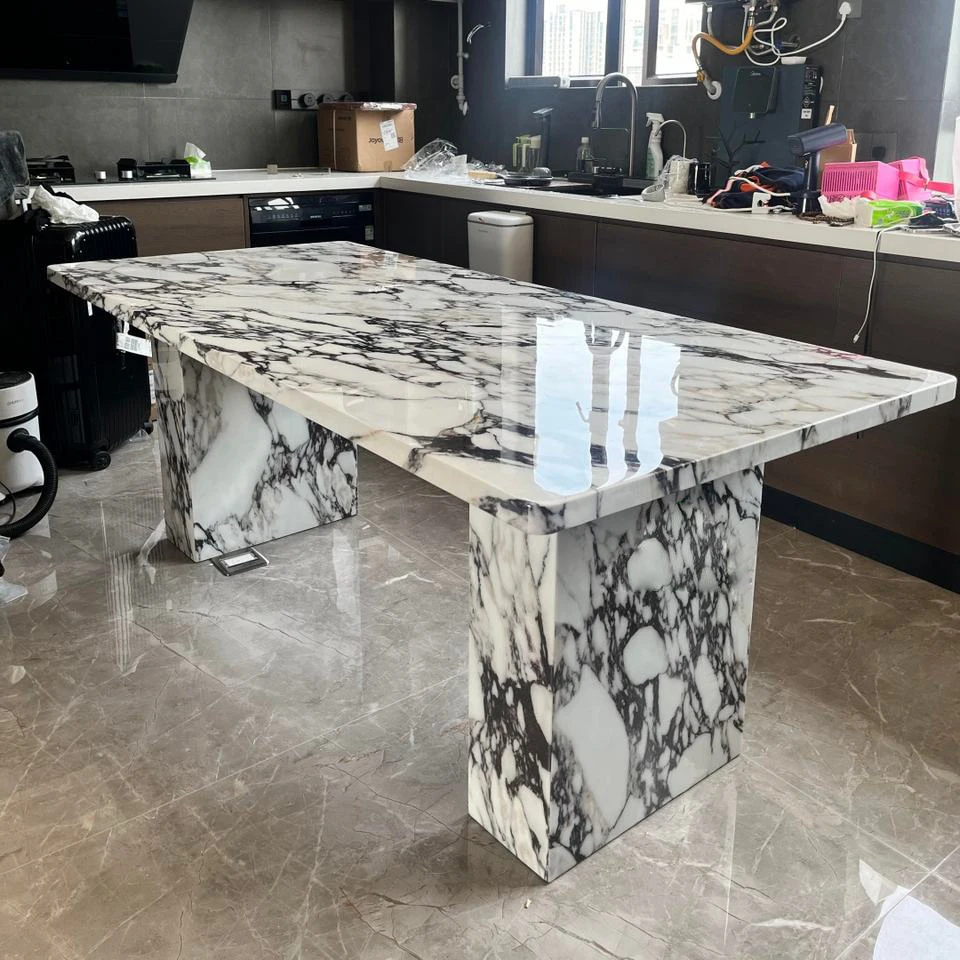 High End Calacatta Viola Rectangle Marble Table Luxury Dining Room Centerpiece Natural Stone