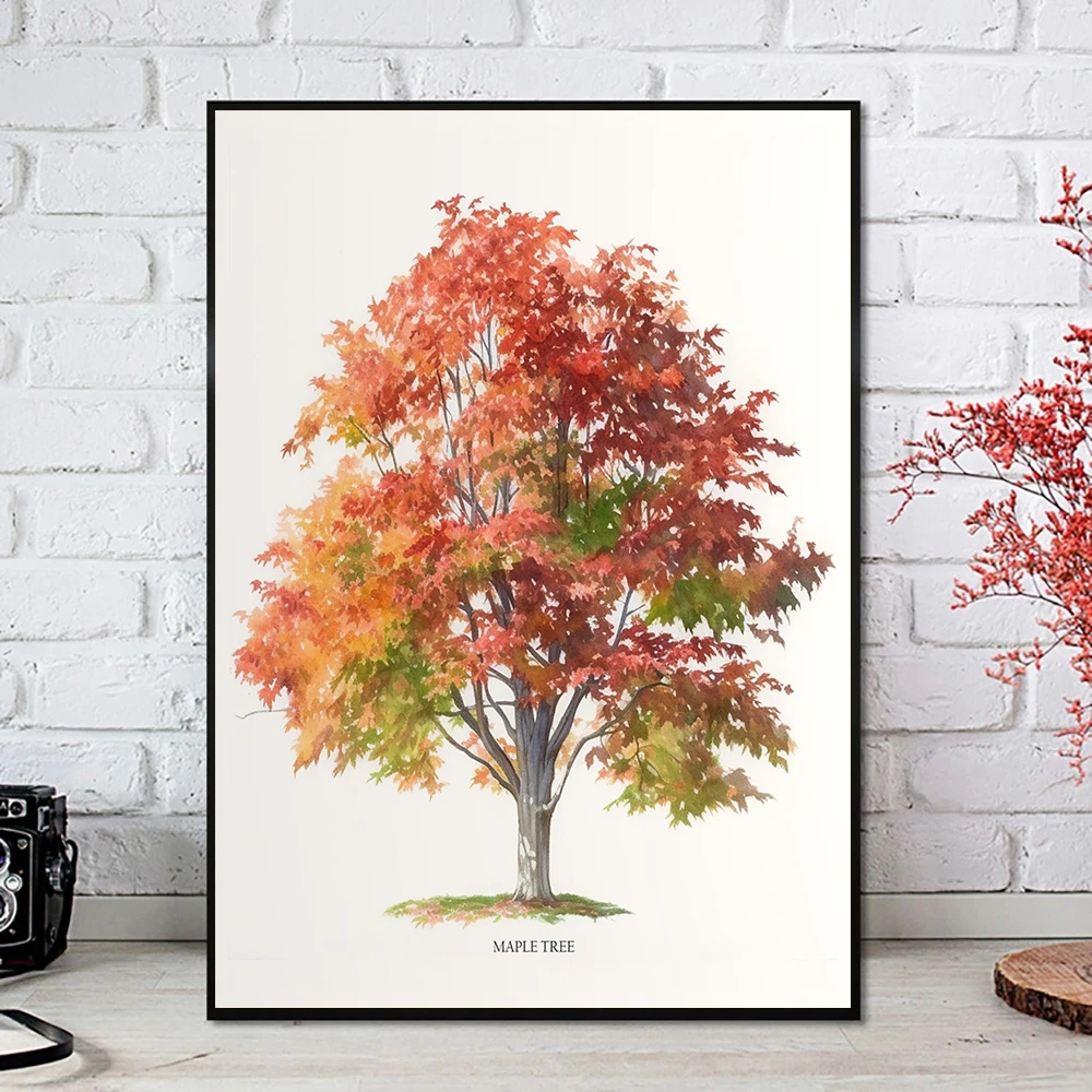 Common Trees Type Modern Colourful Poster Fruit Tree Willow Pine Canvas Painting Wall Art for Classroom Living Room Home Decor