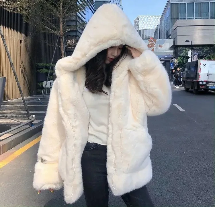 Утолщенное норковое бархатное пальто, женская зимняя одежда, новая куртка, свободная куртка из искусственного кроличьего меха, плюшевая шуба с капюшоном