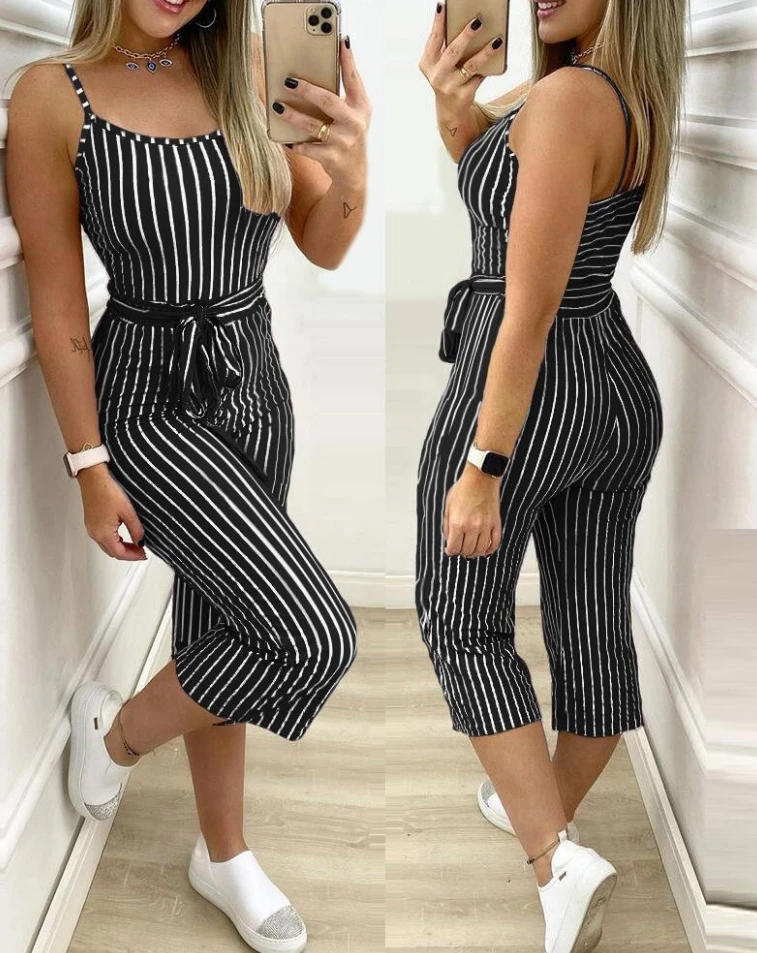 Women's Jumpsuit 2024 Summer Elegant Casual Striped Printed Spaghetti Strap Tie Details Mid Waisted Tight Fit Cropped Jumpsuit