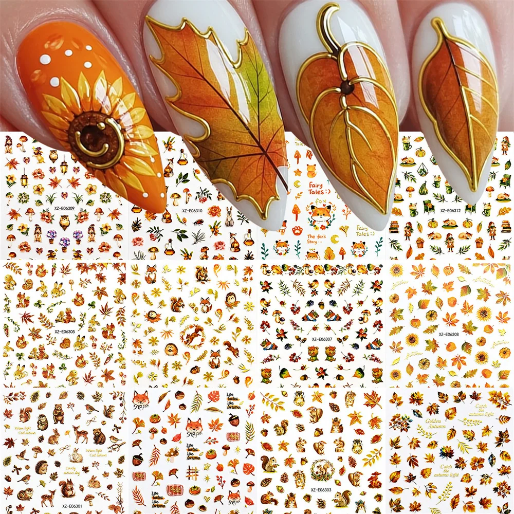 12 Stück 5D-geprägte, elegante Nagelaufkleber, Herbst-Eichhörnchen, Kaninchen, Ahornblatt, Goldfolien-Abziehbilder, Nagelaufkleber-Set – Detail 5