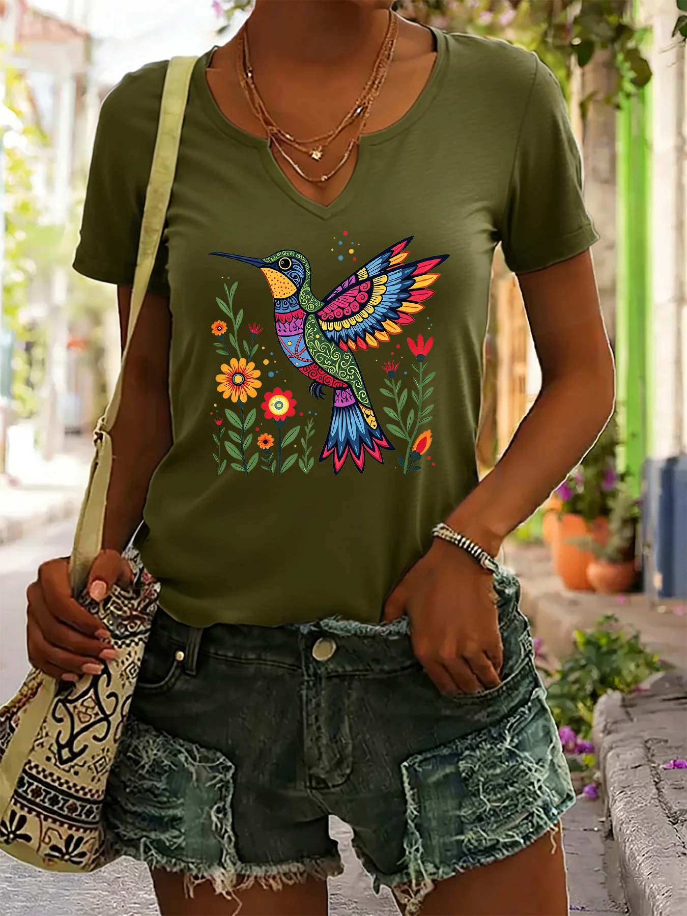Women's Summer V-Neck Short Sleeve T-Shirt, Mexican Folk Art Style Hummingbird & Flowers Print, Vibrant Ethnic Casual Top
