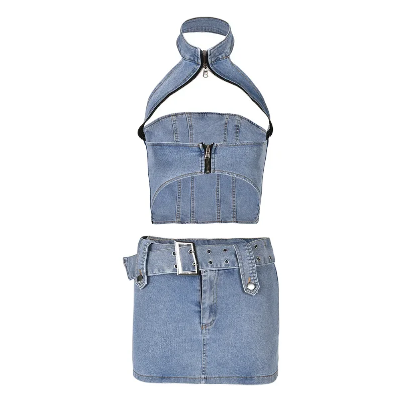 

Fashion Denim Set New Summer Style Neck Hanging Slim Fitting Short Top, Paired with Skirt Pants, Two-Piece Set for Women