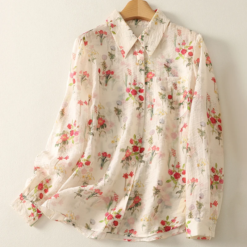 

Loose Floral Print Shirt Women's Lazy Style Thin Long Sleeve Outerwear Sun Protection Spring Summer New Arrival Breathable