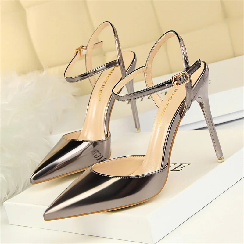 Fashion Simple Sandals Women 2024 Patent Leather Shallow Mouth Thin High Heels Summer Comfort Pointed Toe Buckle Pumps