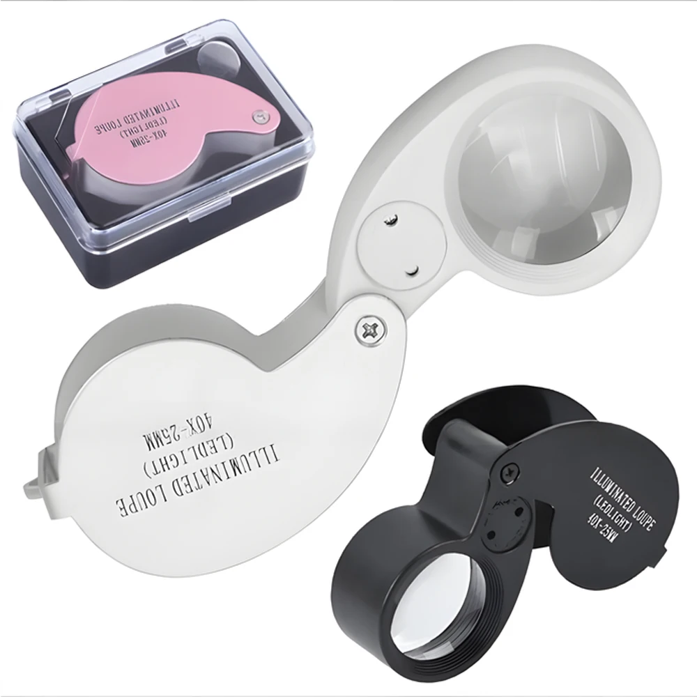 40X 25MM LED Jewelers Loupe Magnifier Folding Diamond Jade Coins Stamps Identifying Magnifying Glass with Storage Box