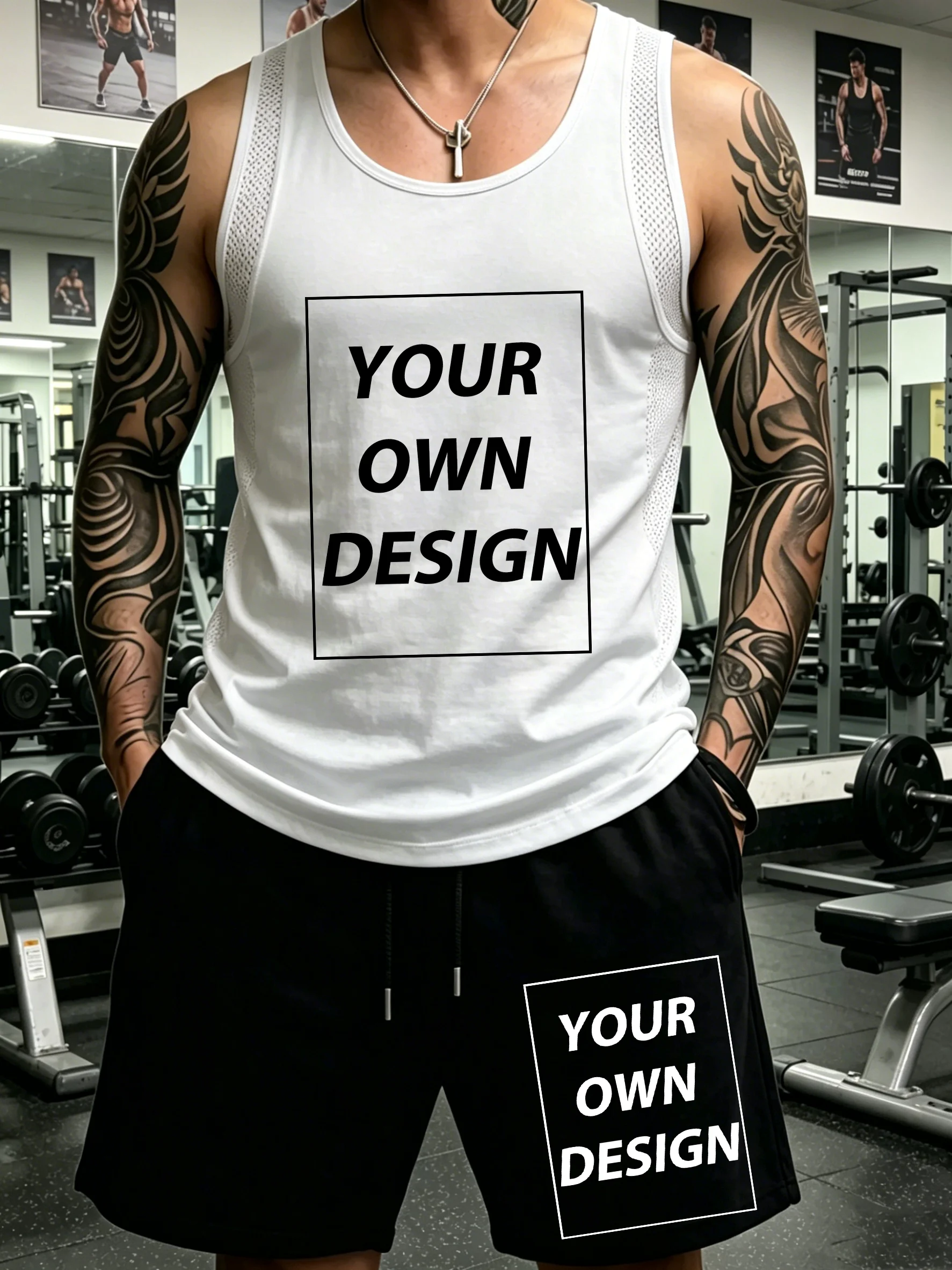

Personalized Custom Logo Summer Trendy Sleeveless Vest Set Sport Fitness Tank Top Street Pocket Loose Shorts Breathable Mesh Tee