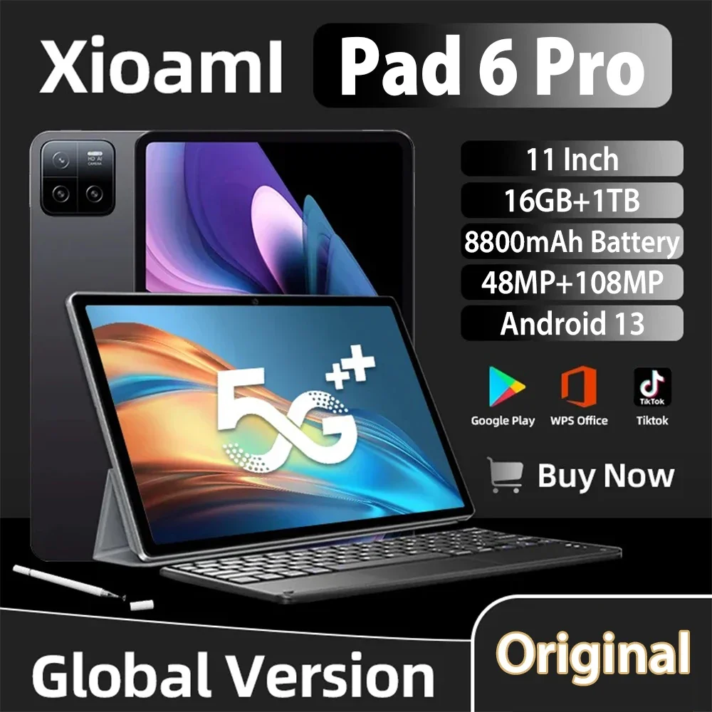 Pad 6 Pro-Androidタブレット,オリジナル,デュアルSIM,電話,wifi,Mi PC, 11インチhd,4k,Android 13,16 GB 1t,8800mah,5g,2024