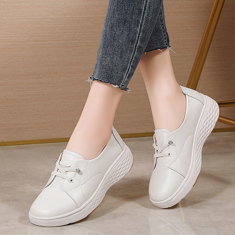 Leather Work Women Shoes - Весенне-осенние женские удобные белые туфли для