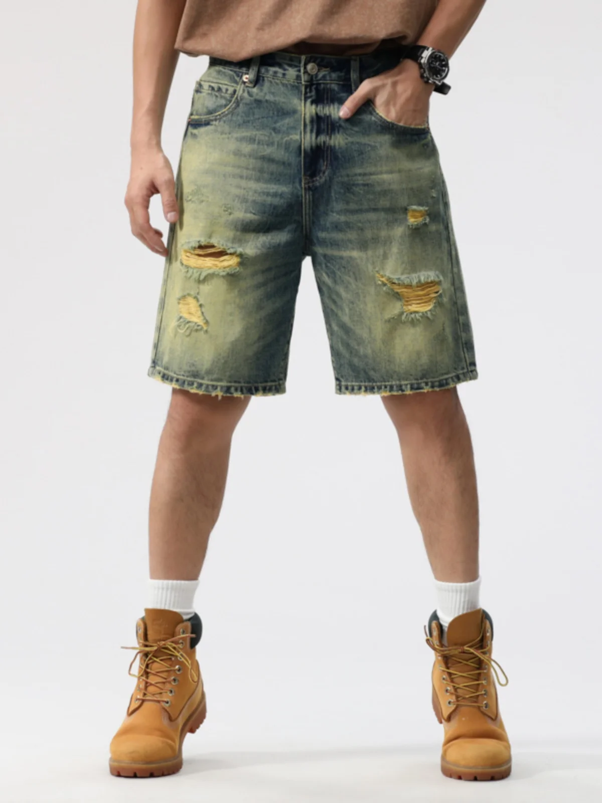 

Retro American Style Men's Denim Shorts Yellow Clay Dye Straight Leg Loose Fit Large Size Casual Summer Wear Youth Trend