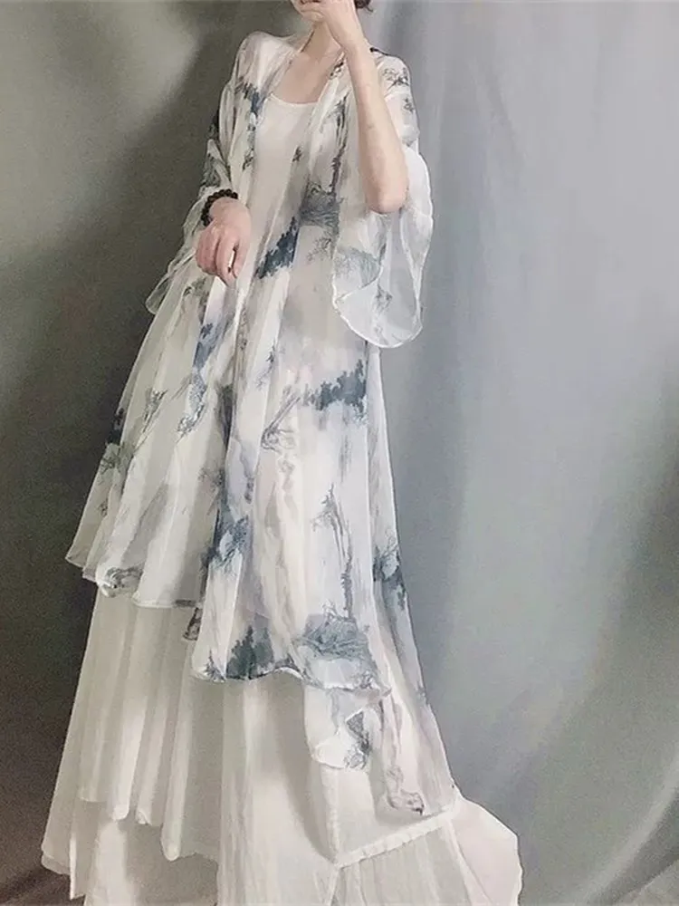 كارديجان نسائي فضفاض صيفي جديد 2023 بتصميم زن هانفو خيالي، مطبوع من الكتان، مناسب للارتداء اليومي