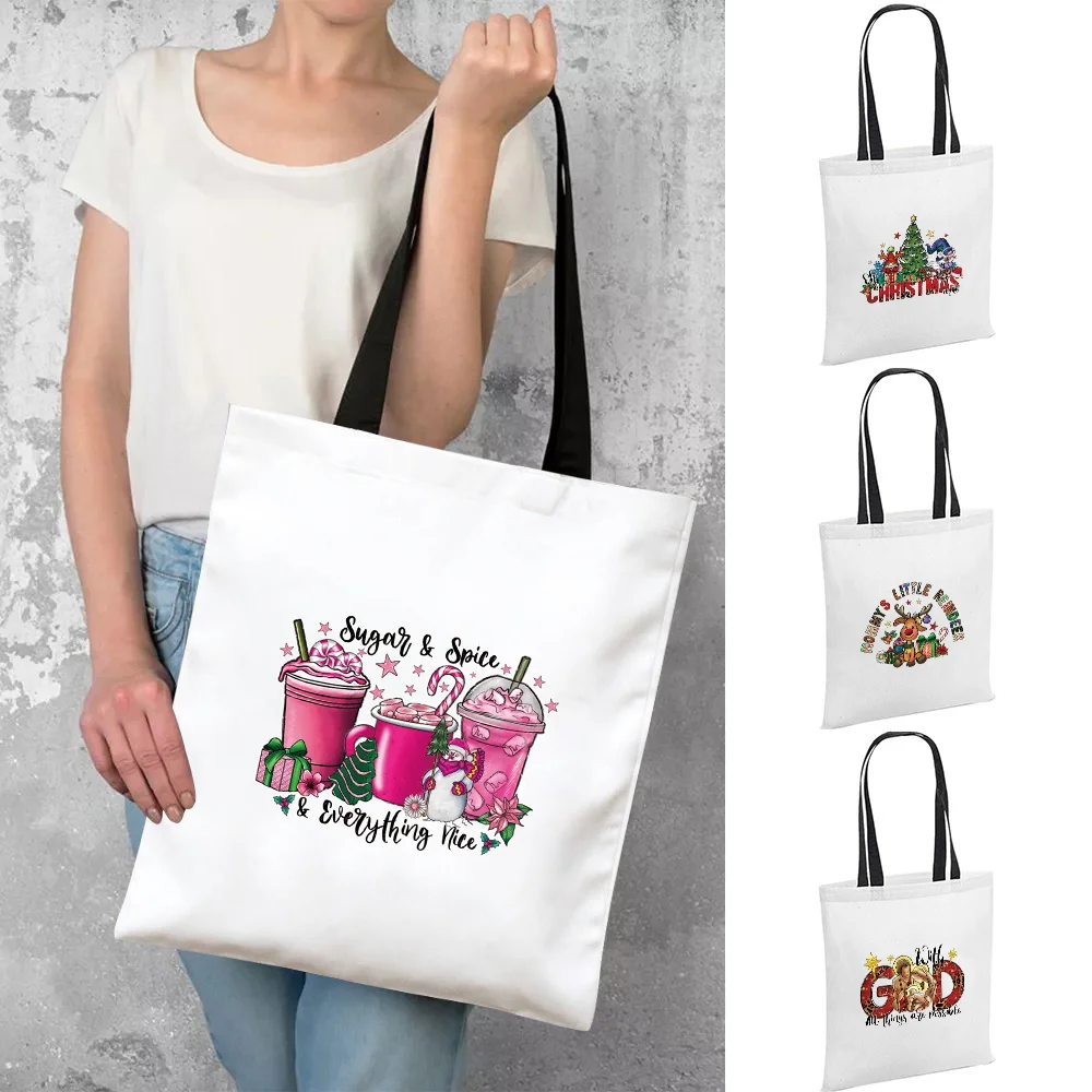 

Shopping Bag Women Handbag Shoulder Bags Leisure Large Capacity Printing Christmas Series Travel Bag White Canvas Bags