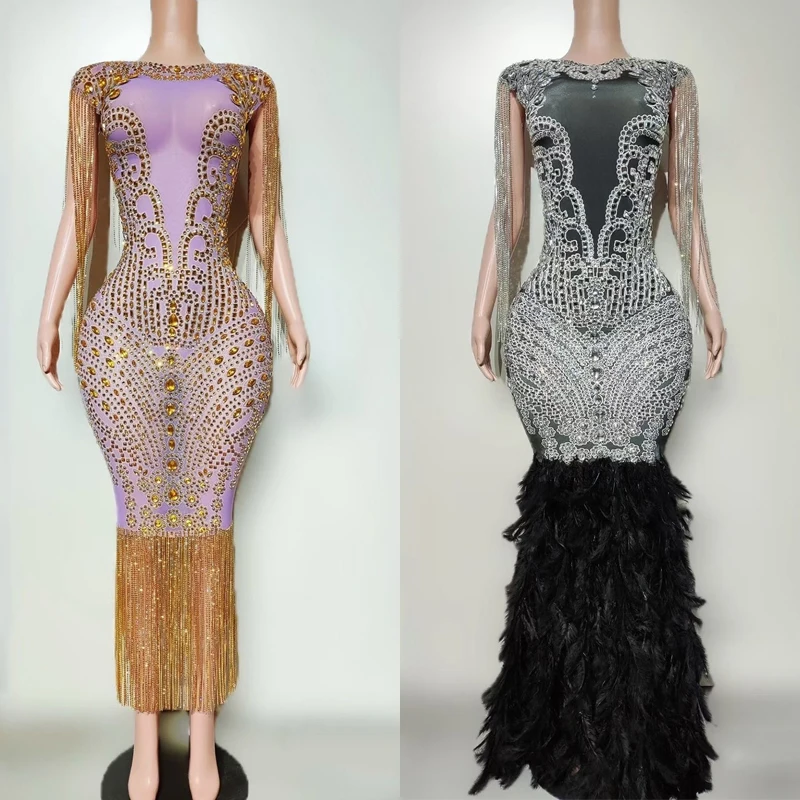 Sukienka damska z frędzlami, łańcuszkami i dżetami, strój imprezowy, dla piosenkarki, na wieczór, do baru, klubu, na występ, na scenę, na wybieg, model XS10297