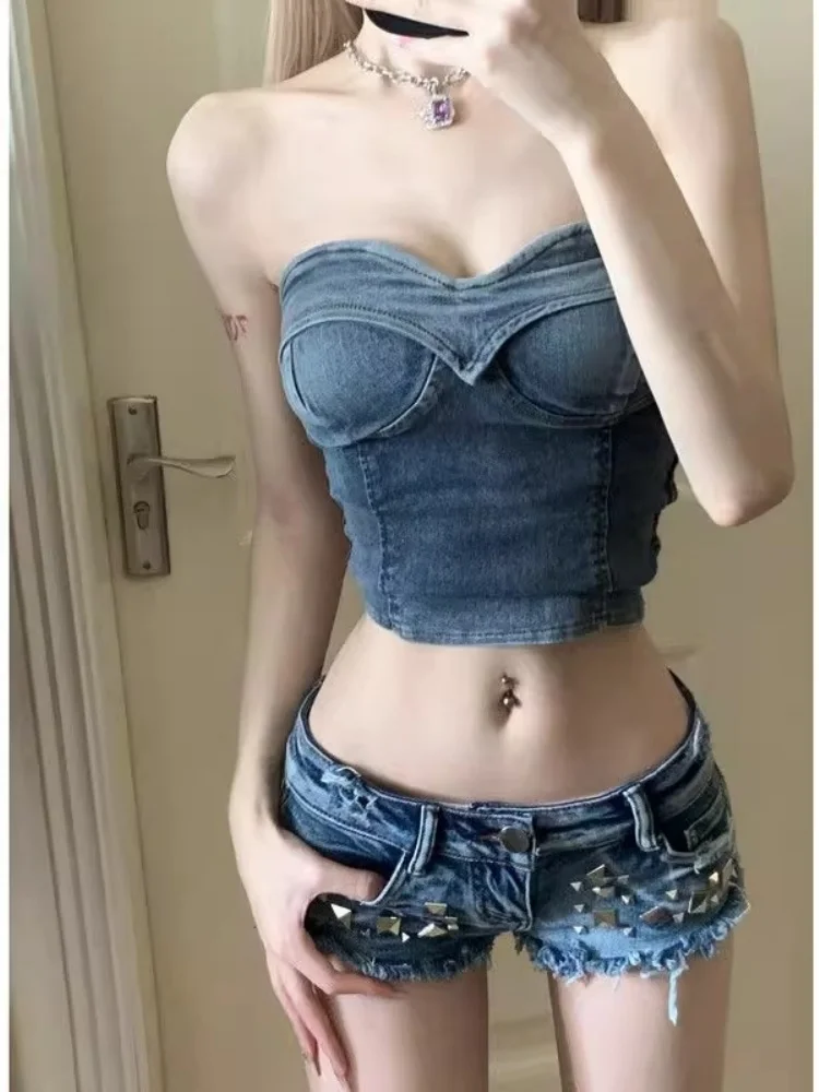 Sexy Retro Denim Strapless Crop Top Women's New Summer Spicy Waist-Cinching Tube Top Outerwear Wrap Chest Korean Style