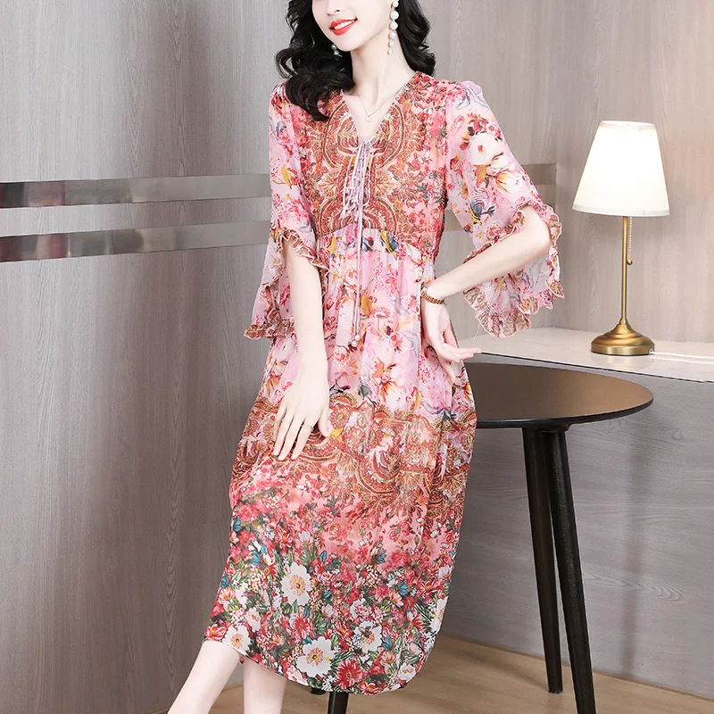 

2023 New Fashion Silk Printed Dress Women's Summer Vintage Silk V-Neck Fragmented Flower Loose Fit Leisure Holiday Dress Vestido