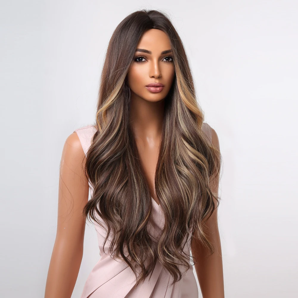 EASIHAIR Long Brown Ombre Synthetic Wig for Black Women Super Long Wavy Wigs Cosplay Water Wave Wig Heat Resistant