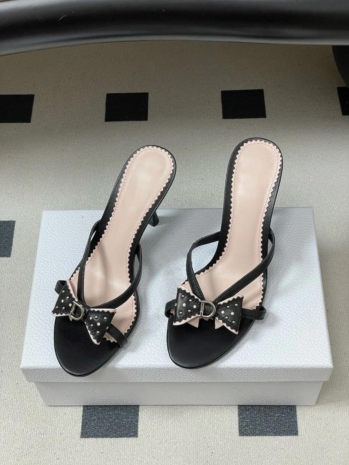 2026 New Sweet Pink Bow Rivet High Heels Women Elegant Thin Strap Stiletto Slippers Fashion Open Toe Slide Sandals Ladies Shoes