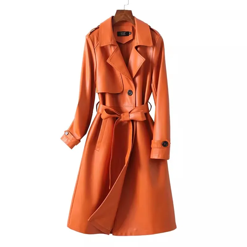 Trench de couro genuíno feminino, caqui, trespassado, cinto com renda, comprimento médio, outwear de pele de carneiro, moda feminina, primavera, 2022