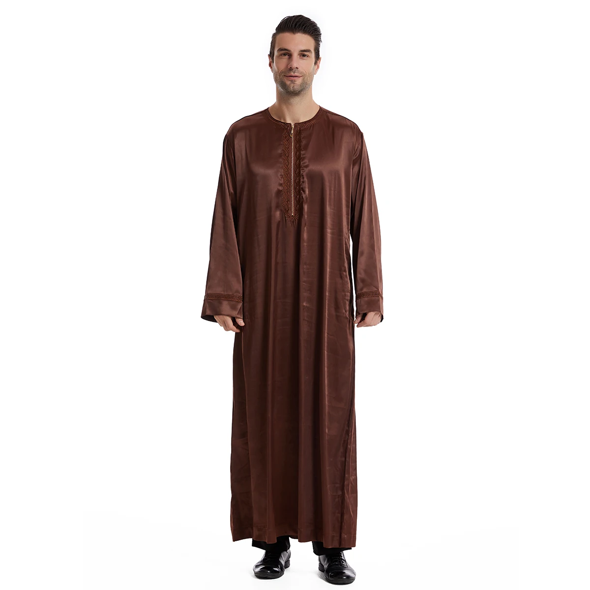 Luxury Embroidery jalabiya Jubba Thobe For Mens Zip Thobes Beige Coffee White Black Dubai Turkey Abaya Male Muslim Cloth TH831