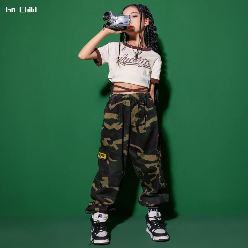 Girls Hip Hop Crop Top Camouflage Cargo Pants Clothes Sets Kids Tie Up T-shirt Street Dance Joggers Children Streetwear Costumes