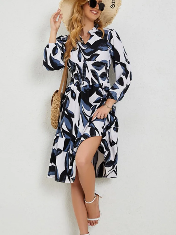 

Sexy V Neck Long Sleeve Midi Dress Office Lady Spring Autumn Fashion Elegant Floral Print Ruffles Dresses For Women 2023 Female