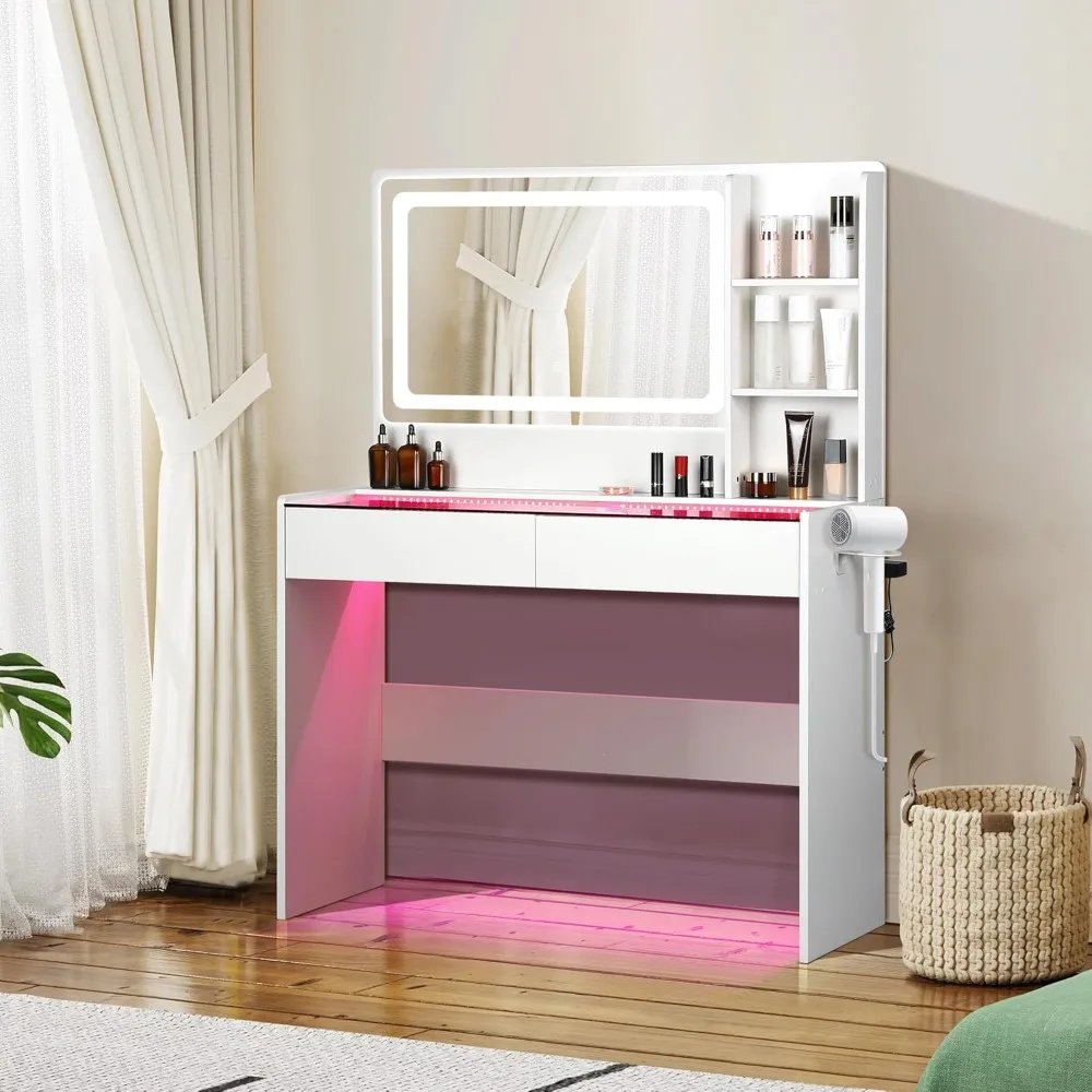 

Vanity Desk，Transparent Desktop, Multiple Color Ambient Lights, with Mirror and Tri Color Light Strip (White)