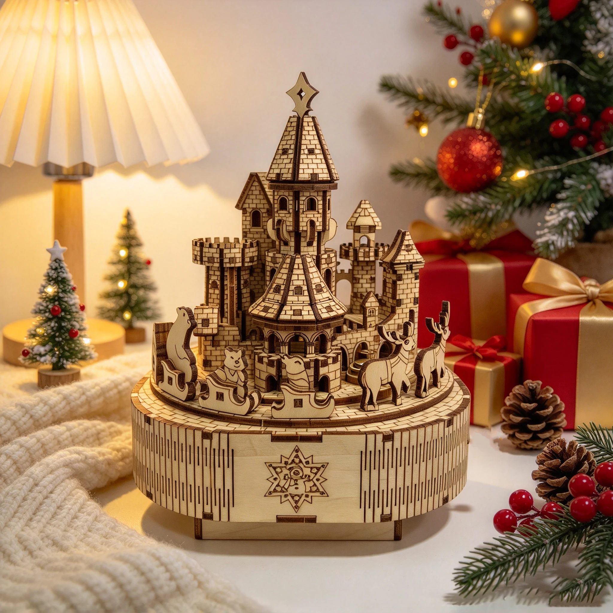 Christmas 3D Wooden Rotating Castle Music Box DIY Puzzle Model Kit, Hand-Assembled Wood Craft, Tabletop Ornament, Birthday Holid