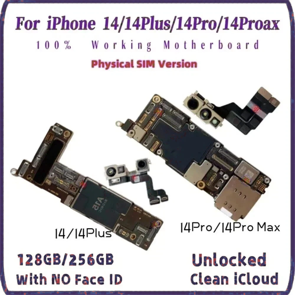 Unlocked Authentic Mainboard For iPhone 14 Pro Max 14 Plus Motherboard With Face ID Clean iCloud Logic Board Physics SIM Version