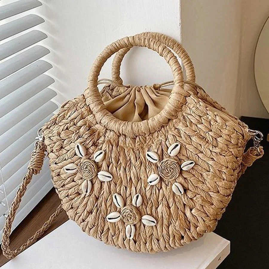 

Shell Handwoven Straw Rattan Half-Moon Beach Handbag Large Capacity Women Summer Hollow Out Messenger Crossbody Shoulder Bag sac