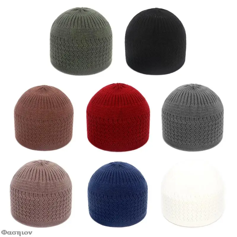 Muslim Men Prayer Hats Autumn Winter Knitted Beanies Cap Islamic Jewish Kippah Hat Homme Head Caps Comfortable Turban Hair Wrap