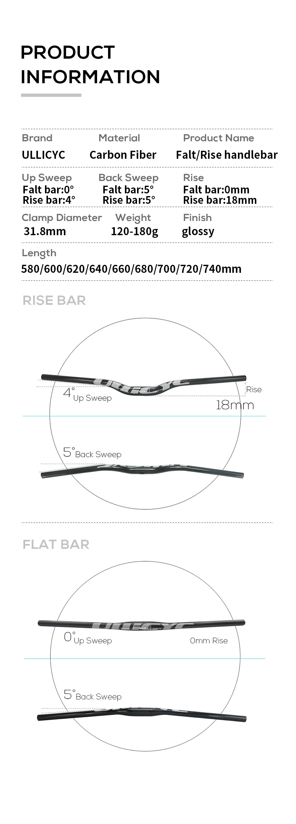 Ullicyc Vollcarbon MTB-Lenker 3K Glanzsilber 580-740mm Flach/Rise Fahrradlenker, Leichtgewicht-Upgrade für MTB & Elektroroller – Detail 2