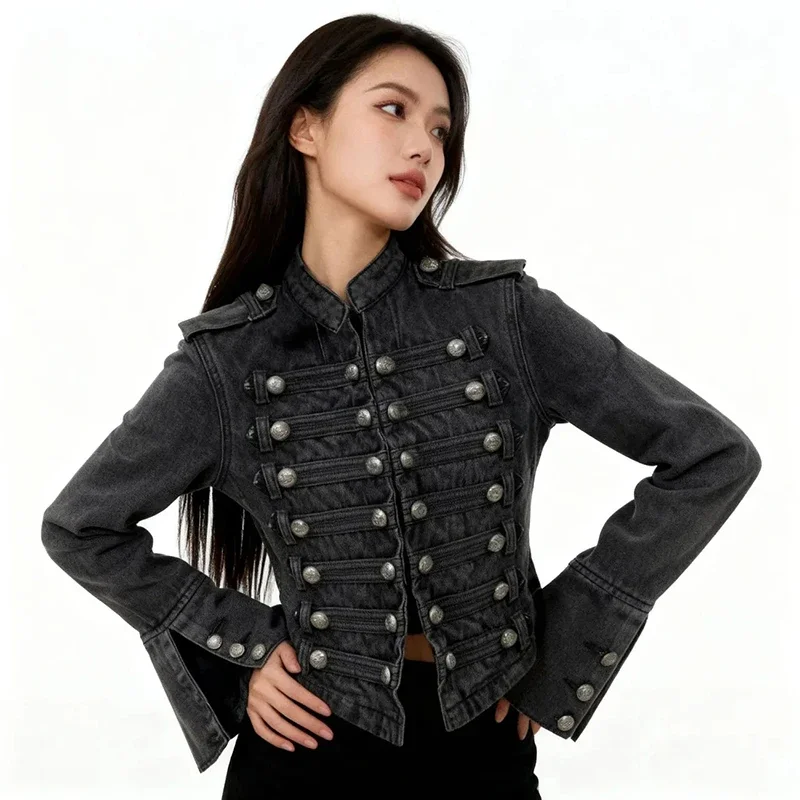 Vintage Slim Fit Denim Coats Women Spring Autumn Button Patchwork Crop Jacket Flare Long Sleeve Streetwear Retro Harajuku Tops