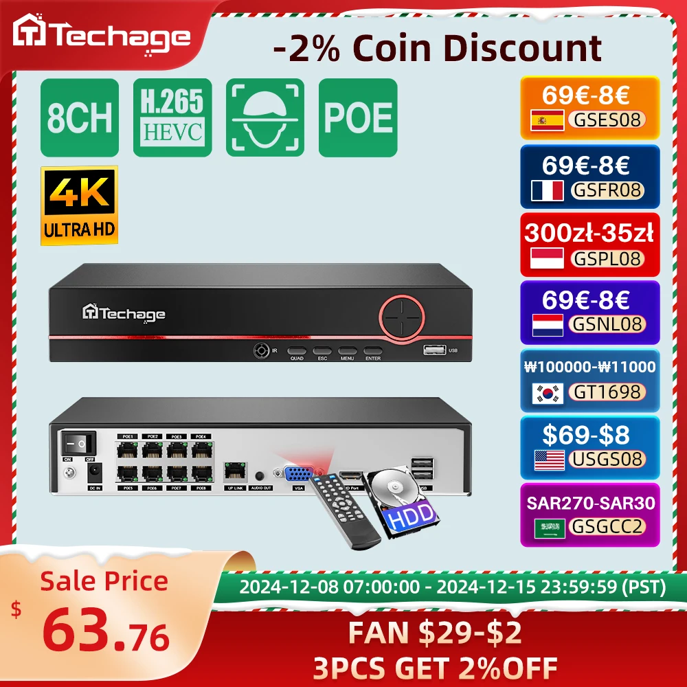 Techage H.265 8CH 4MP 5MP 8MP 1080P 4K POE NVR Д学Г Vara Wspримони Nd Sosyal NVR Mohamed 16CH Mohamed Nekstof Poker POE CCTV Hela