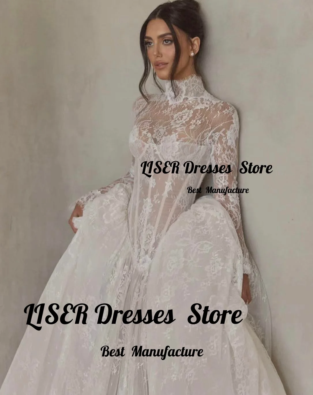 Liser Luxury Wedding Dresses High Neck Full Sleeves Ivory Lace Ball Bridal Gown Robe De Mariée Customized Bride Dresses 2026
