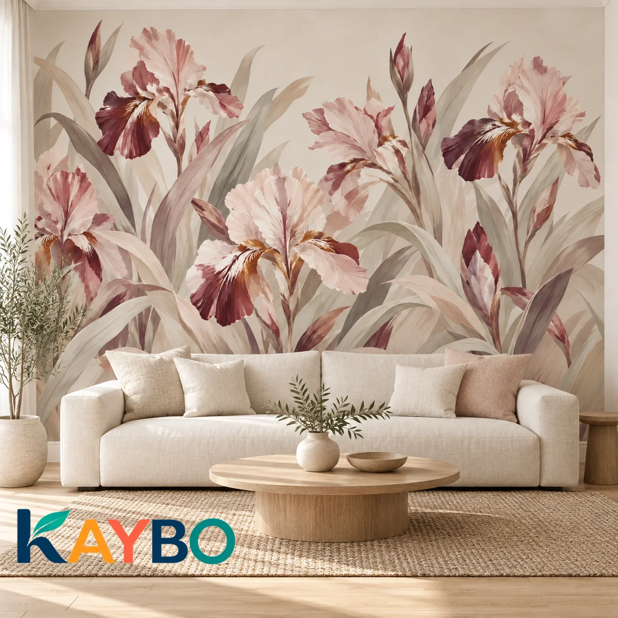 Floral Wallpaper Mural, Watercolor Iris Flowers, Blush Pink Botanical Wall Decor, Vintage Garden Room Accents, Non Self Adhesive
