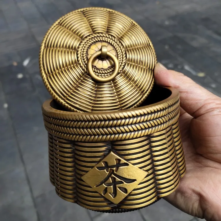 

Antique Bronze Tea Can, Brass, Bamboo Texture, Open Lid, Home Office, Embossed Tea, Aroma, Copper