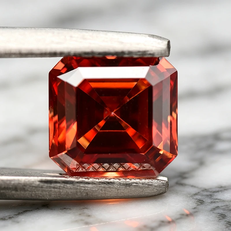 Moissanit-Stein in Granatfarbe, Asscher-Schliff, Edelstein für die Herstellung von hochwertigen Schmuckstücken wie Ringen und Ohrringen, mit Zertifikat. – Detail 5
