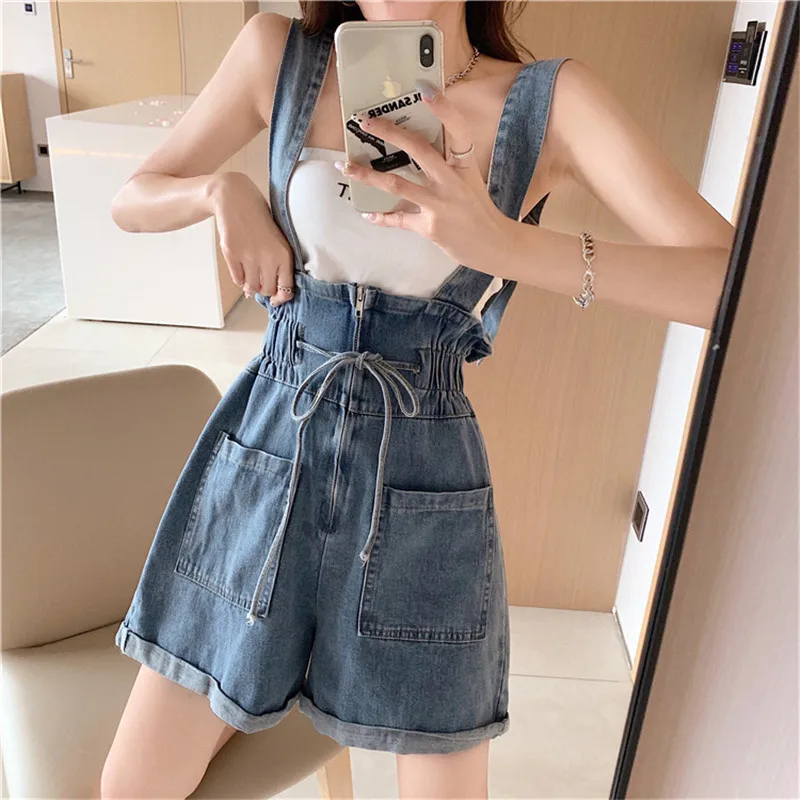 Blue Jumpsuits Women Suspenders Jeans Shorts Pocket Loose Sleeveless Rompers With Elastic Lady 2023 Summer Overalls Shorts