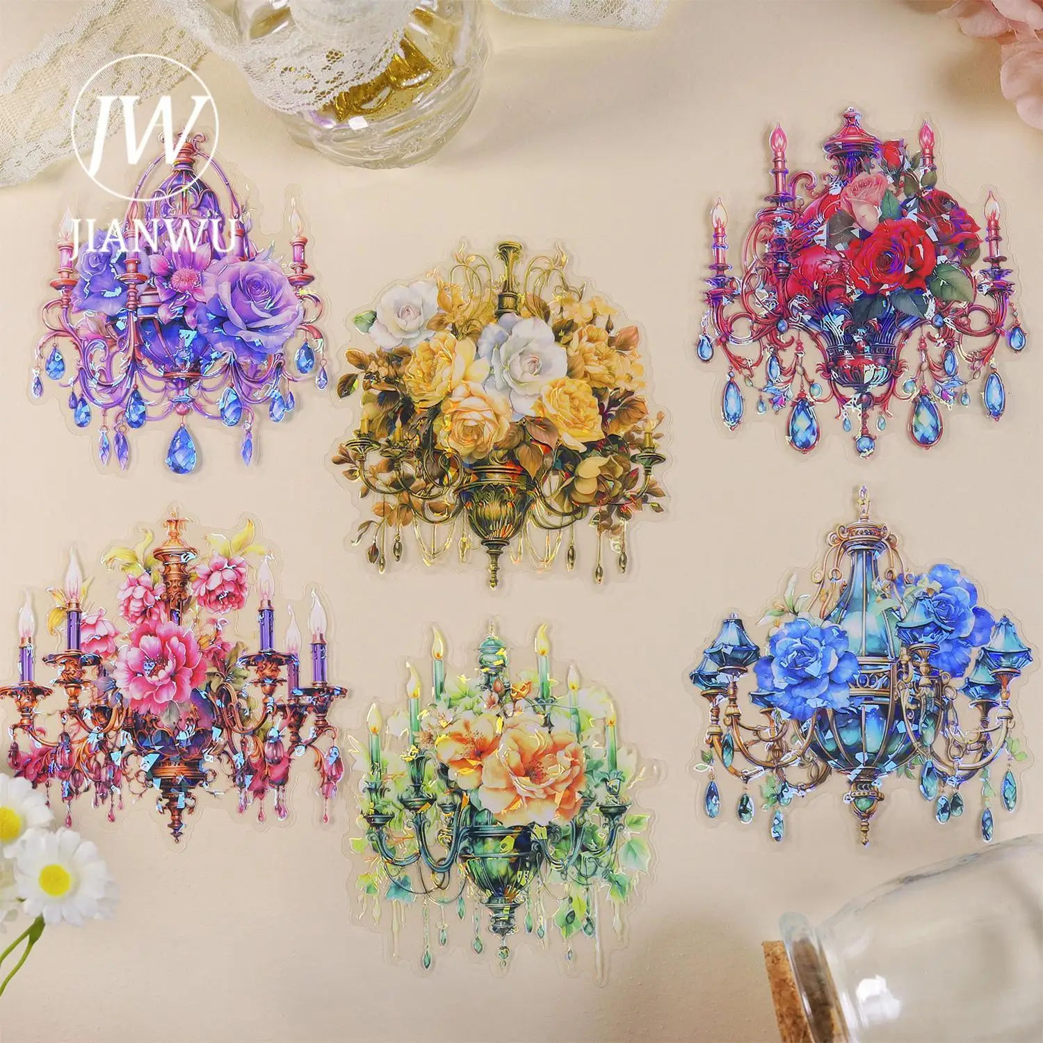 JIANWU 5 Sheets Crystal Light Shine Series Vintage Flower Material Collage PET Sticker Creative DIY Journal Stationery