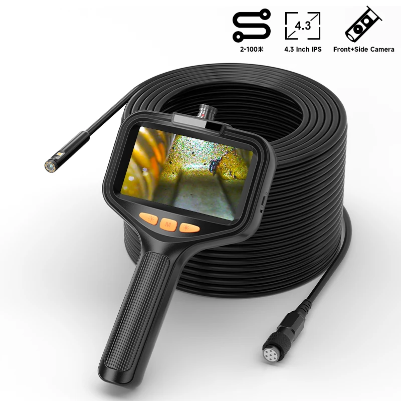 4.3'' Industrial Endoscope Dual Lens 2-100m Rigid Cable Hand-held IP67 Borescope Inspection Camera Detachable Design 1080P 8mm