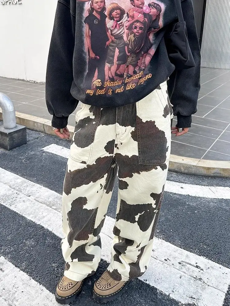 

American Retro Design Cowhide Straight Jeans for Women, Loose and Slimming Streetwear Floor-length Pants