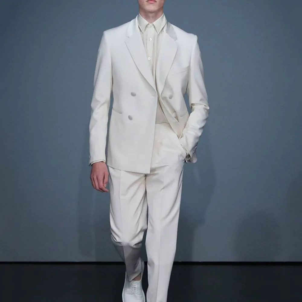 

Handsome White Suits for Men Double Breasted Blazers Sets 2 Pieces Jacket Pants Smart Male Business Banquet Wedding Clothing